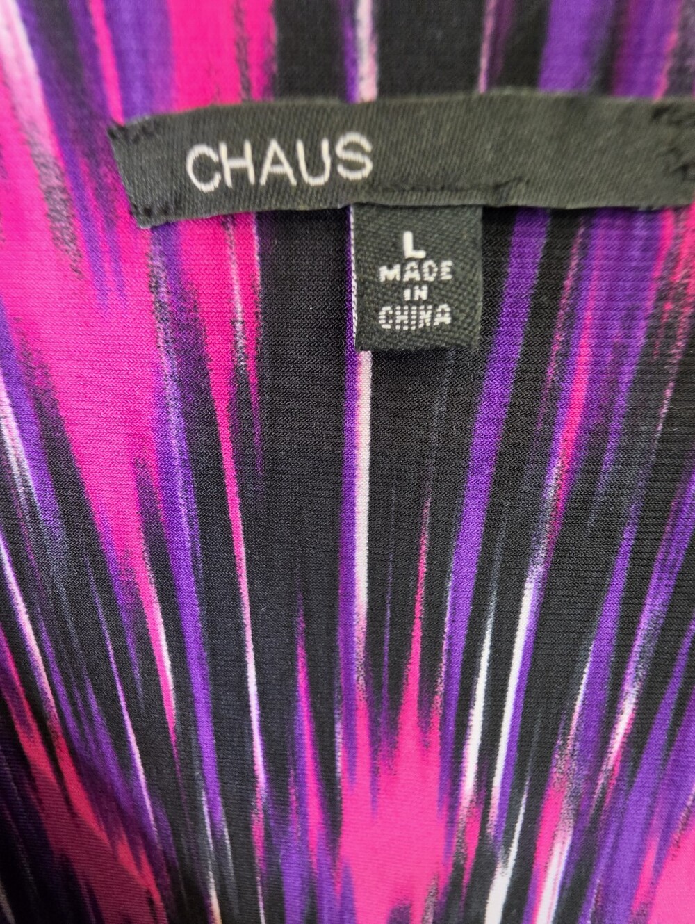 Chaus Size L Pink Purple Abstract Faux Wrap Ruffle Flutter Sleeve Top - Picture 4 of 5